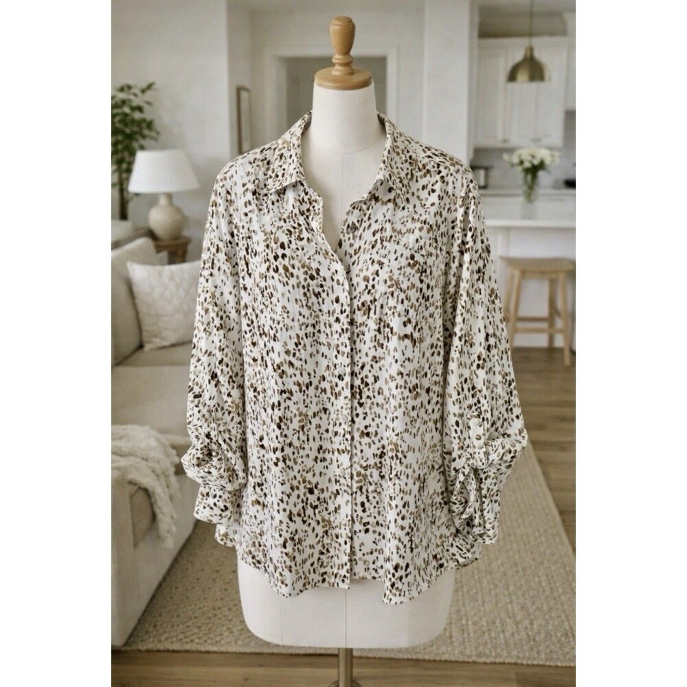 Maggie Barnes Animal Print Metallic Roll Tab Sleeve Blouse Top Women Plus 4X